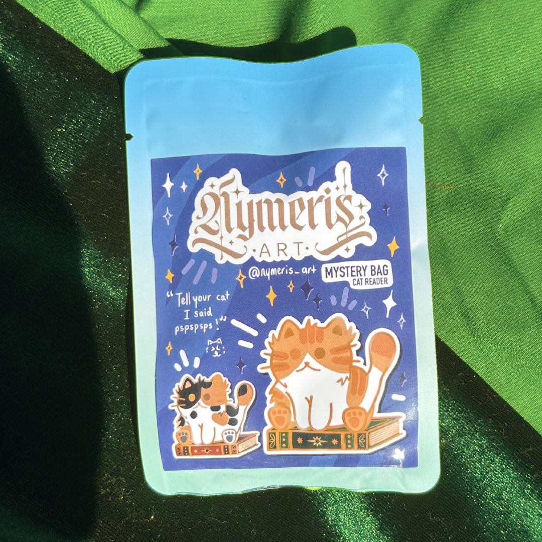 Mystery bag packaging with cartoon cats and 'Nymers Art' branding on a green background