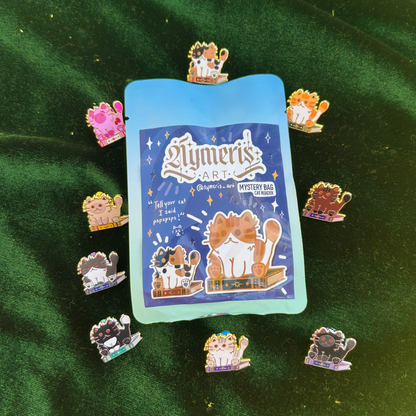 Pack of 'Nymeris Art' mystery bags with various cat-themed pins on a green fabric background.