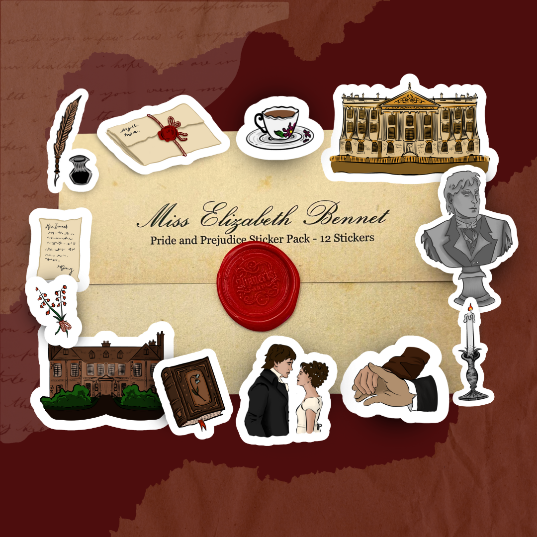 Sticker pack featuring characters and scenes from 'Pride and Prejudice' on a brown background.