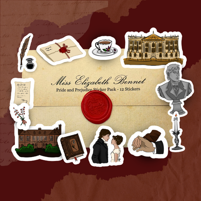 Sticker pack featuring characters and scenes from 'Pride and Prejudice' on a brown background.
