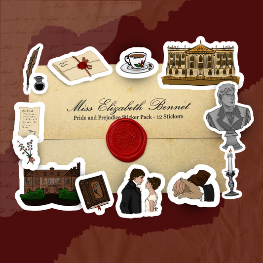 Sticker pack featuring characters and scenes from 'Pride and Prejudice' on a brown background.