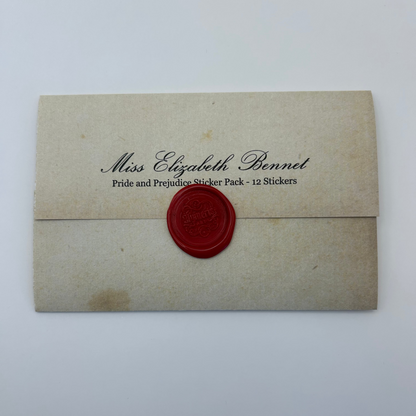 Envelope with 'Miss Elizabeth Bennet' text and red wax seal on a white background