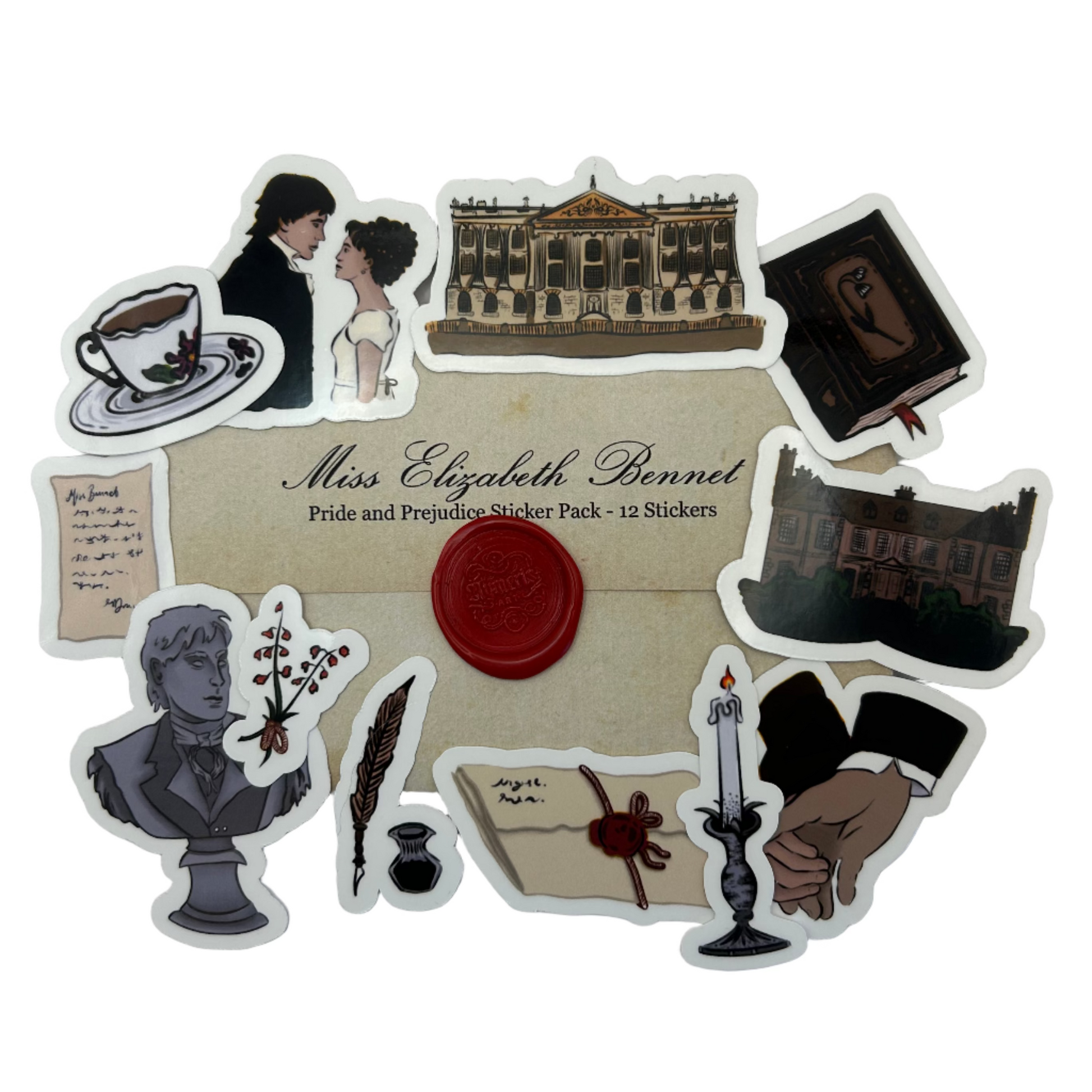 Sticker pack with characters and elements from 'Pride and Prejudice' on a white background