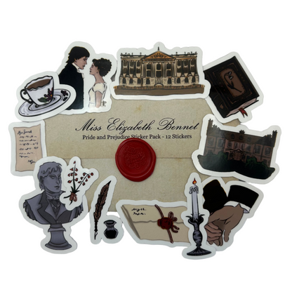 Sticker pack with characters and elements from 'Pride and Prejudice' on a white background