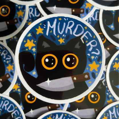 Sticker with a black cat, knife, and 'MURDER?' text on a blue background.