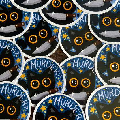 Stickers with black cat illustrations and 'MURDER?' text on a blue background.
