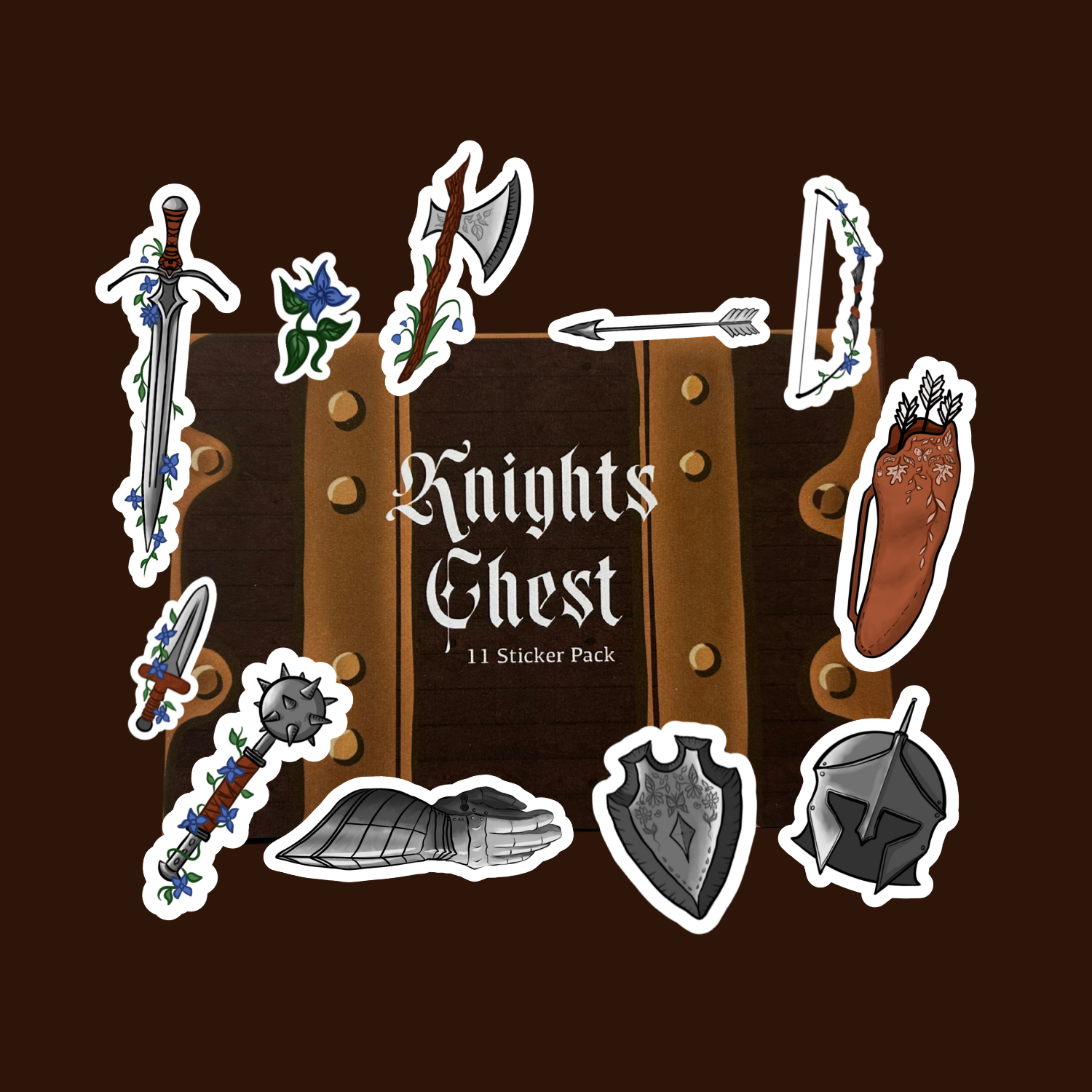 Sticker pack design titled 'Knights Chest' with various medieval-themed items on a brown background.