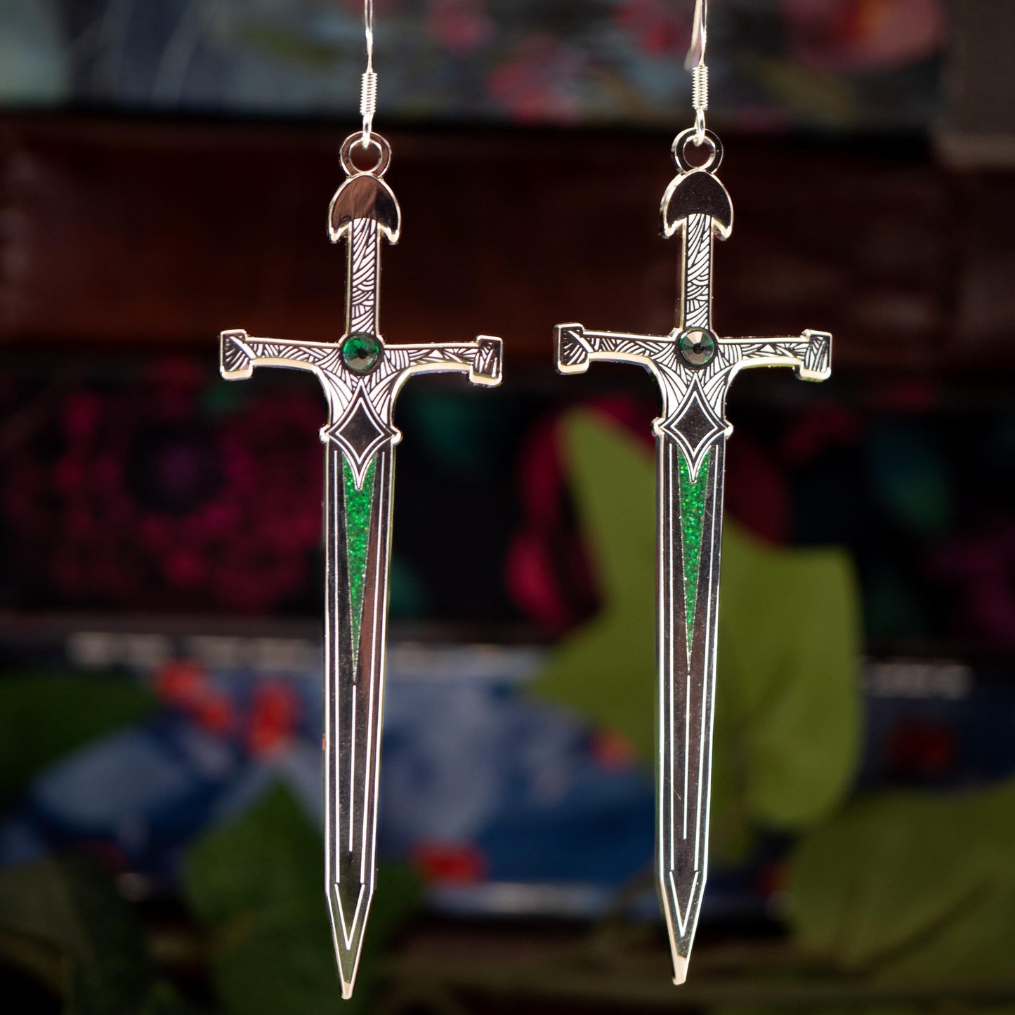 Enchanted Emerald Enamel Earrings with a sleek fantasy-inspired design, available in gold or silver plating